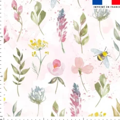 Abeille et fleur champêtre - Fond rose