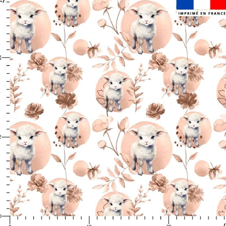 Agneau fleurs et arrondis aquarelle beige rosé - Fond blanc
