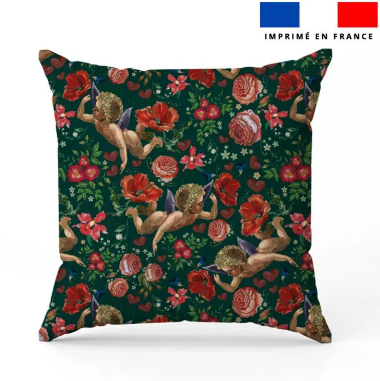 Ange et fleur effet brodé - Fond vert foncé