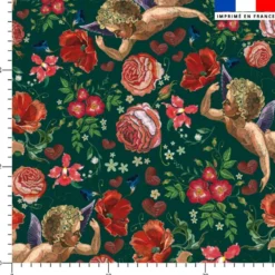 Ange et fleur effet brodé - Fond vert foncé