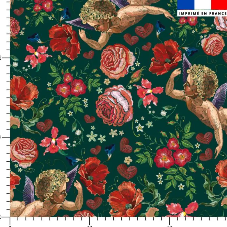 Ange et fleur effet brodé - Fond vert foncé