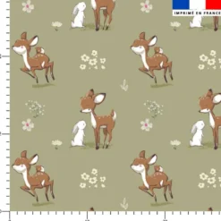 Animaux de la clairière faon et lapin - Fond vert sauge