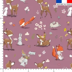 Animaux de la clairière faon et ses amis renard et lapin - Fond violet rose