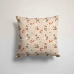 Animaux de la clairière faon et ses amis renard et lapin - Fond rose beige