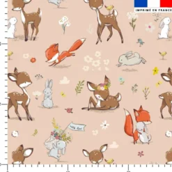 Animaux de la clairière faon et ses amis renard et lapin - Fond rose beige