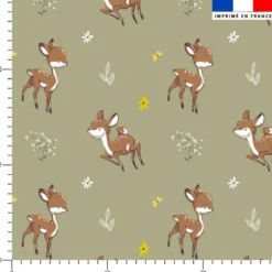 Animaux de la clairière faon fleur et petites fleurs - Fond vert sauge