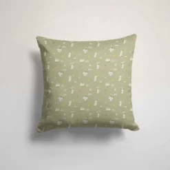 Animaux de la clairière lapin et petites fleurs - Fond vert sauge
