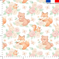 Animaux mignons et roses pastel - Fond blanc