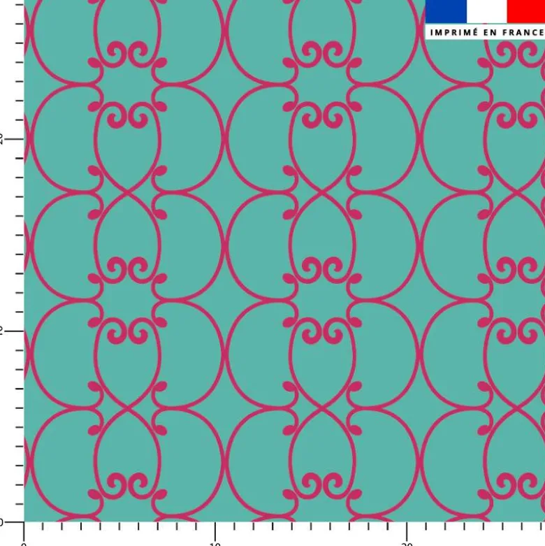 Arabesques fuchsia - Fond vert bleu