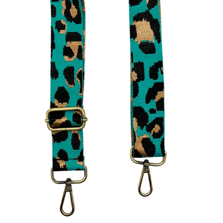 Bandoulière sangle léopard 38mm vert turquoise et ocre