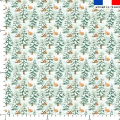 Biche sapin et maison enneigé - Fond vert sauge