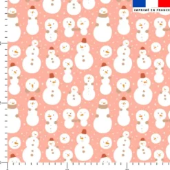 Bonhommes de neige et flocons - Fond rose pêche