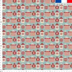 Boule de noel et cadeau rouge et beige - Fond vert de gris