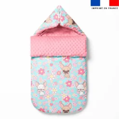 Bouledogue et fleurs roses - Fond bleu clair - Création Jolifox