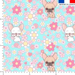 Bouledogue et fleurs roses - Fond bleu clair - Création Jolifox