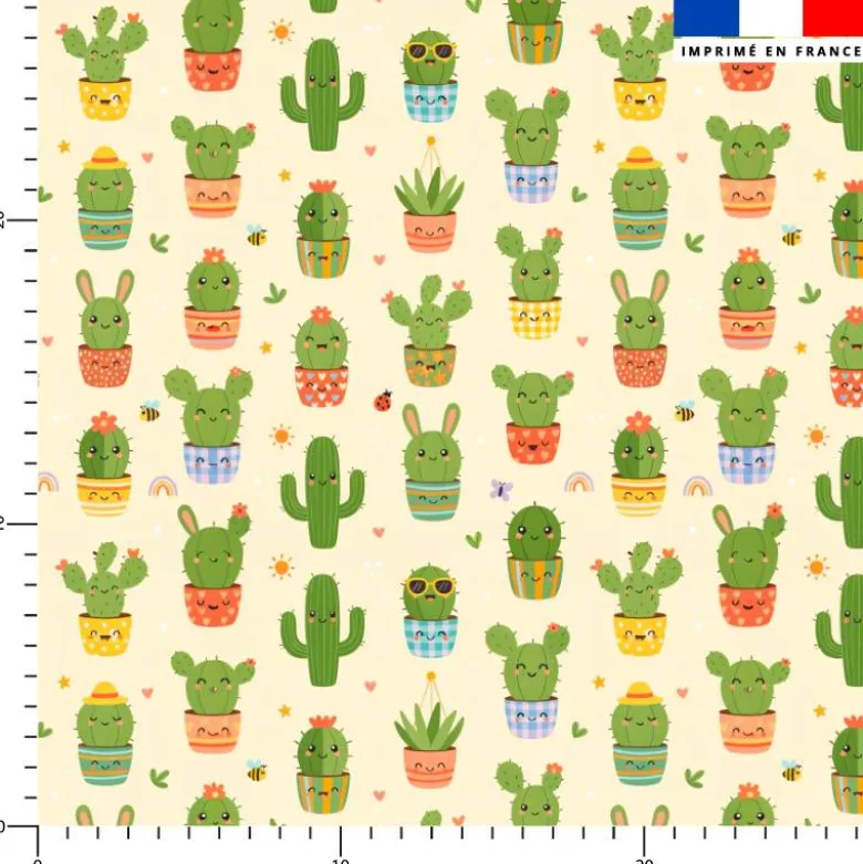 Cactus kawaii en pots - Fond crème