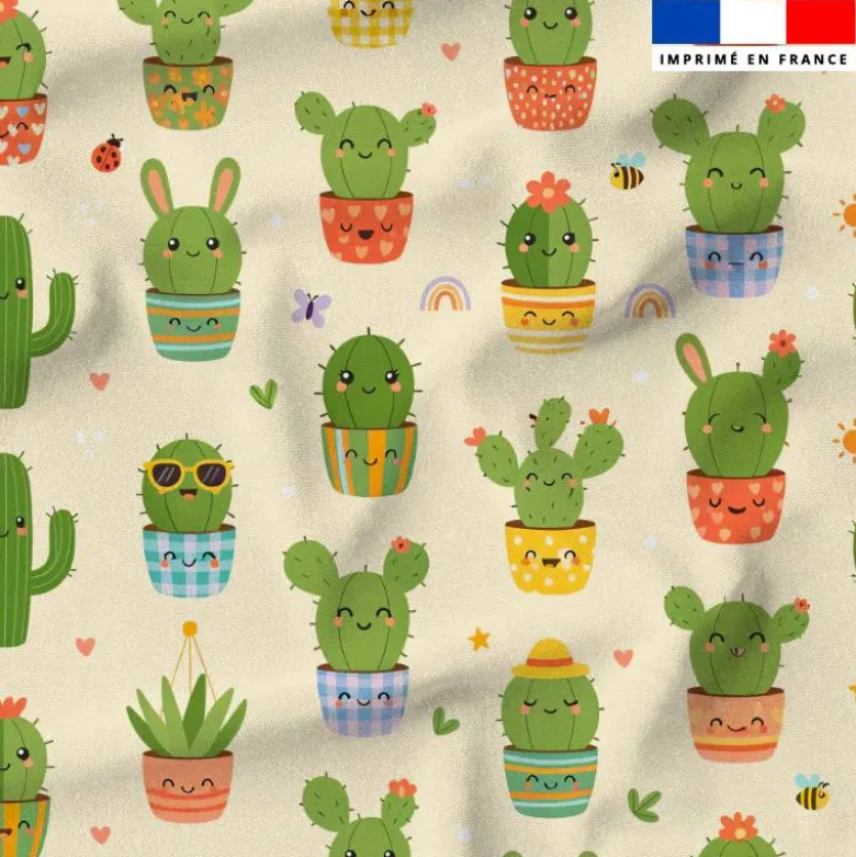 Cactus kawaii en pots - Fond crème