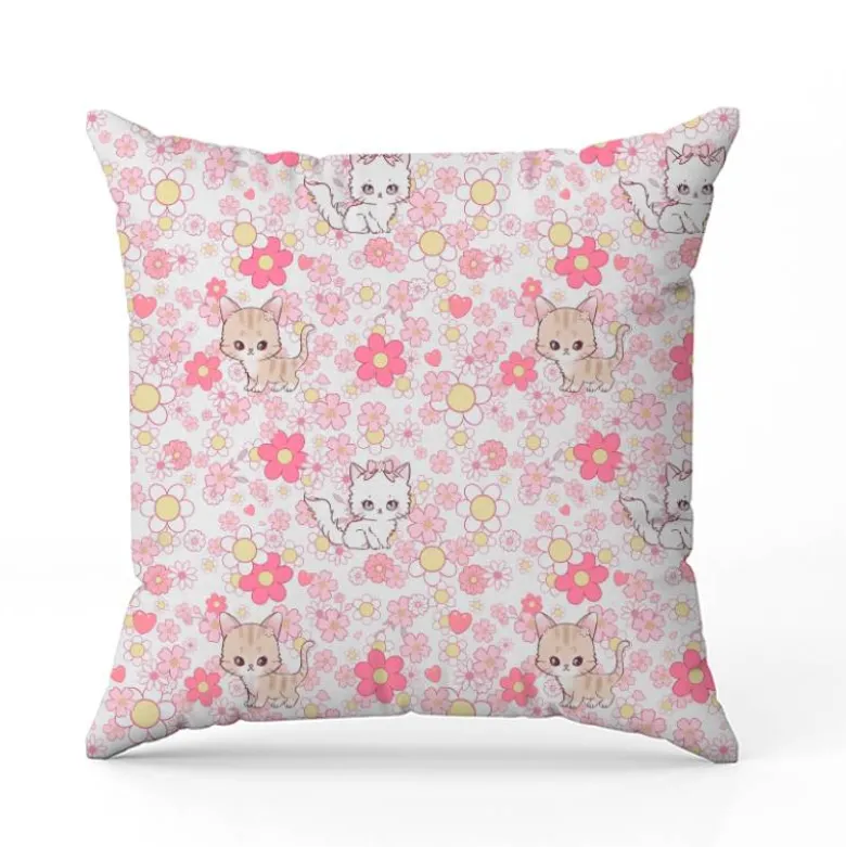 Chatons et fleurs roses - Fond blanc - Création Jolifox