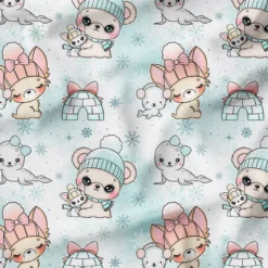Chiens d'hiver kawaii - Fond bleu - Création Jolifox