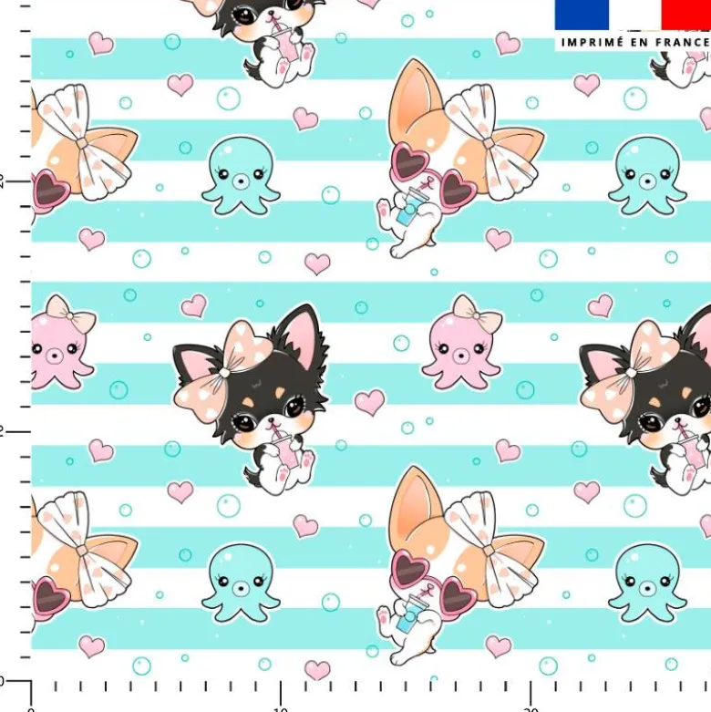 Chiens été rayé bleu - Fond blanc - Création Jolifox