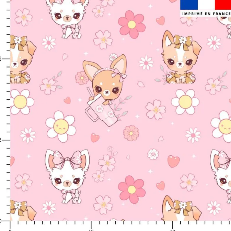 Chihuahua fleurs - Fond rose - Création Jolifox