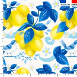 Citron jaune et oiseau bleu - Fond blanc - Création Pilar Berrio