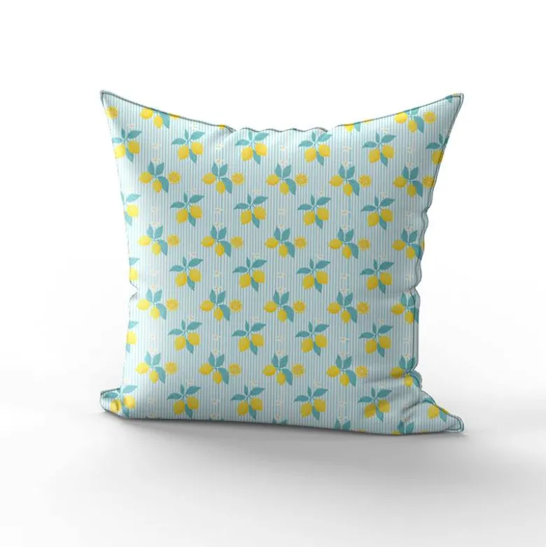 Citrons et rayures fines bleu clair - Fond blanc