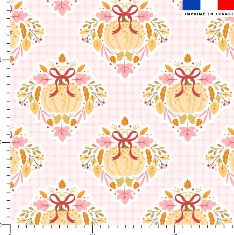 Citrouille ruban et feuilles douceurs d'automne pastel - Fond vichy rose