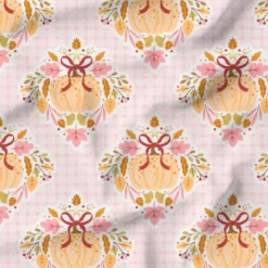 Citrouille ruban et feuilles douceurs d'automne pastel - Fond vichy rose