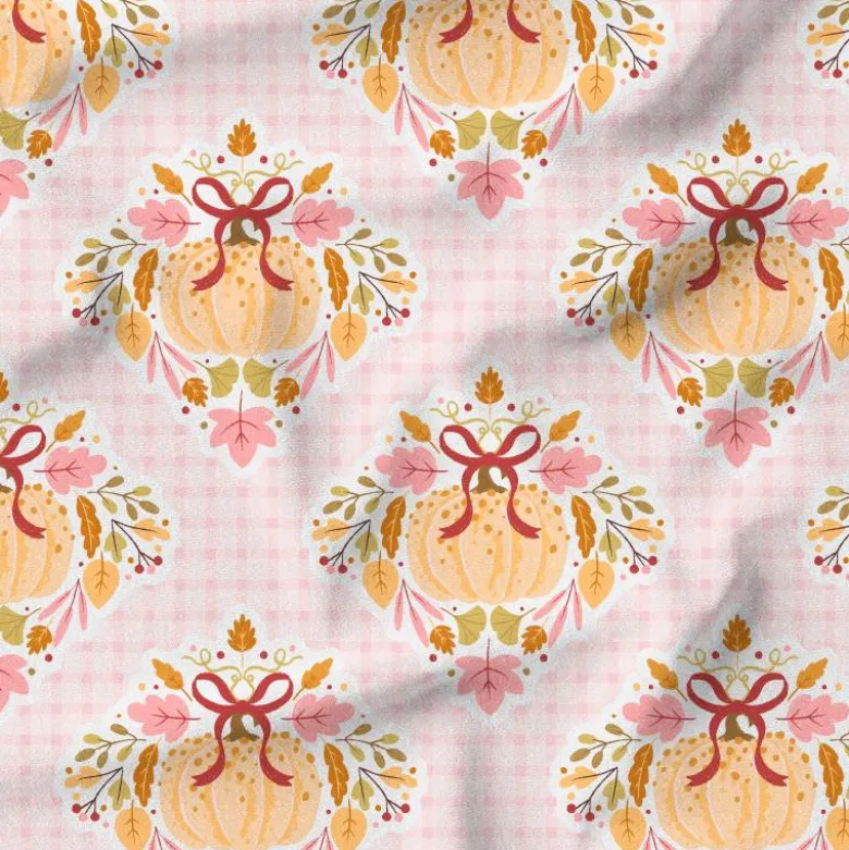 Citrouille ruban et feuilles douceurs d'automne pastel - Fond vichy rose