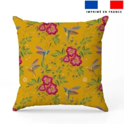 Colibri et fleur effet brodé - Fond jaune ocre