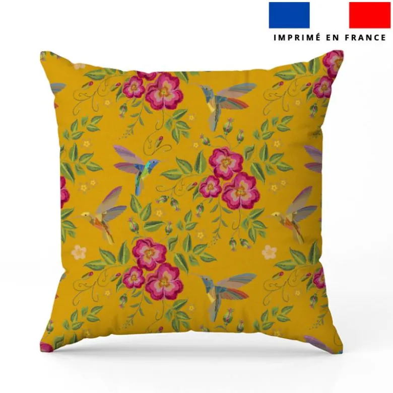 Colibri et fleur effet brodé - Fond jaune ocre