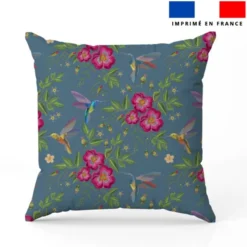 Colibri et fleur effet brodé - Fond bleu gris