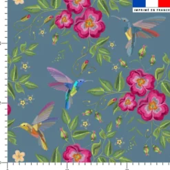 Colibri et fleur effet brodé - Fond bleu gris