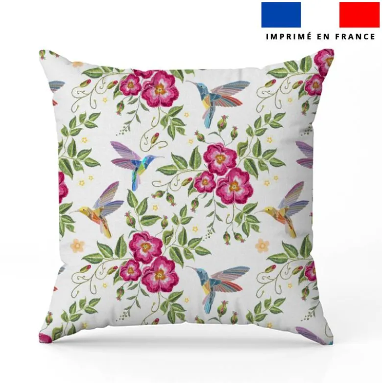 Colibri et fleur effet brodé - Fond blanc