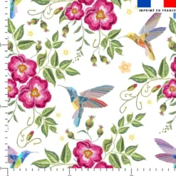 Colibri et fleur effet brodé - Fond blanc