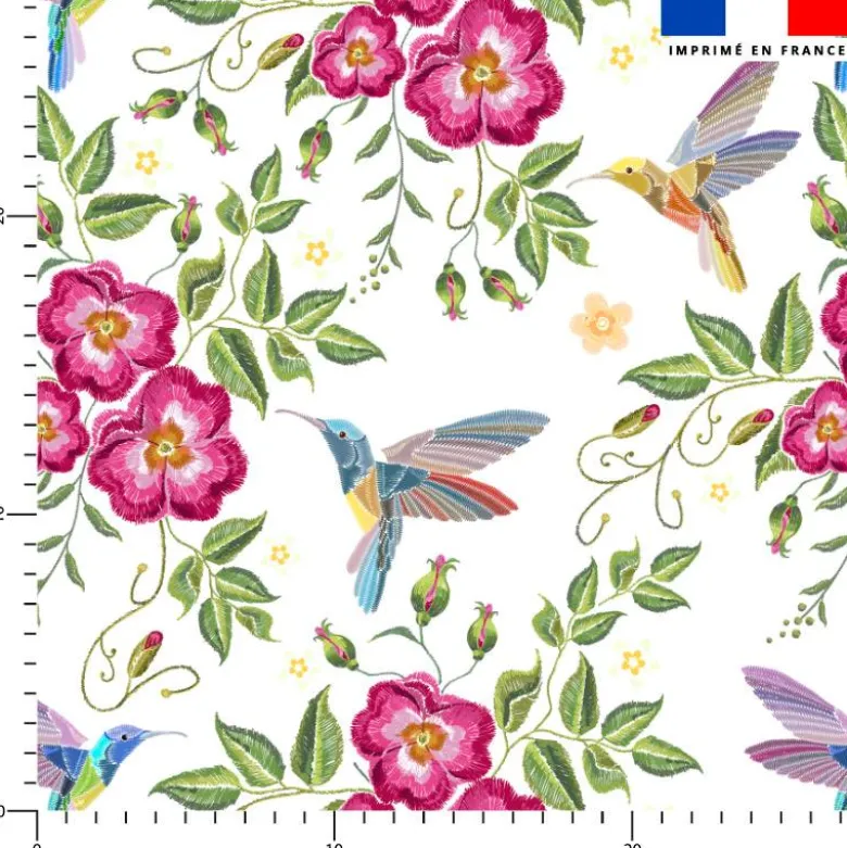 Colibri et fleur effet brodé - Fond blanc