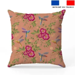Colibri et fleur effet brodé - Fond saumon