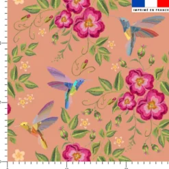 Colibri et fleur effet brodé - Fond saumon
