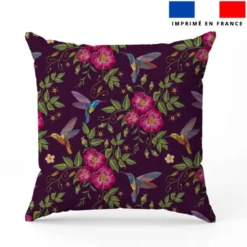 Colibri et fleur effet brodé - Fond violet foncé
