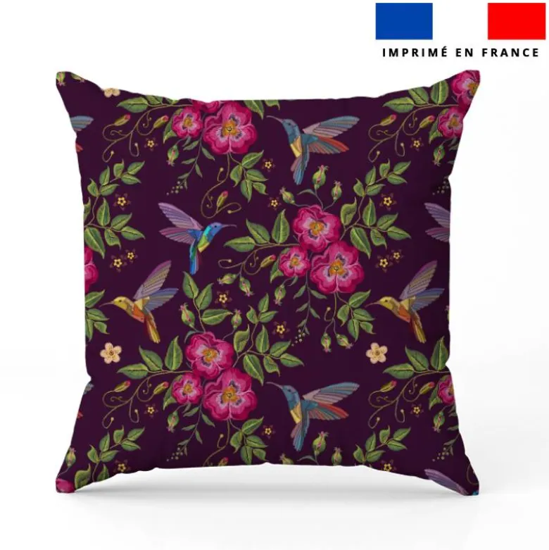 Colibri et fleur effet brodé - Fond violet foncé