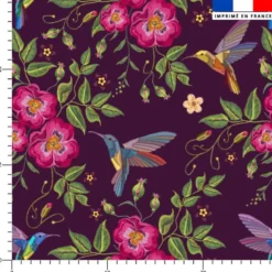 Colibri et fleur effet brodé - Fond violet foncé