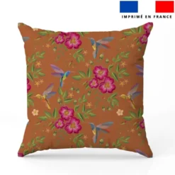 Colibri et fleur effet brodé - Fond terracotta