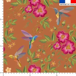 Colibri et fleur effet brodé - Fond terracotta
