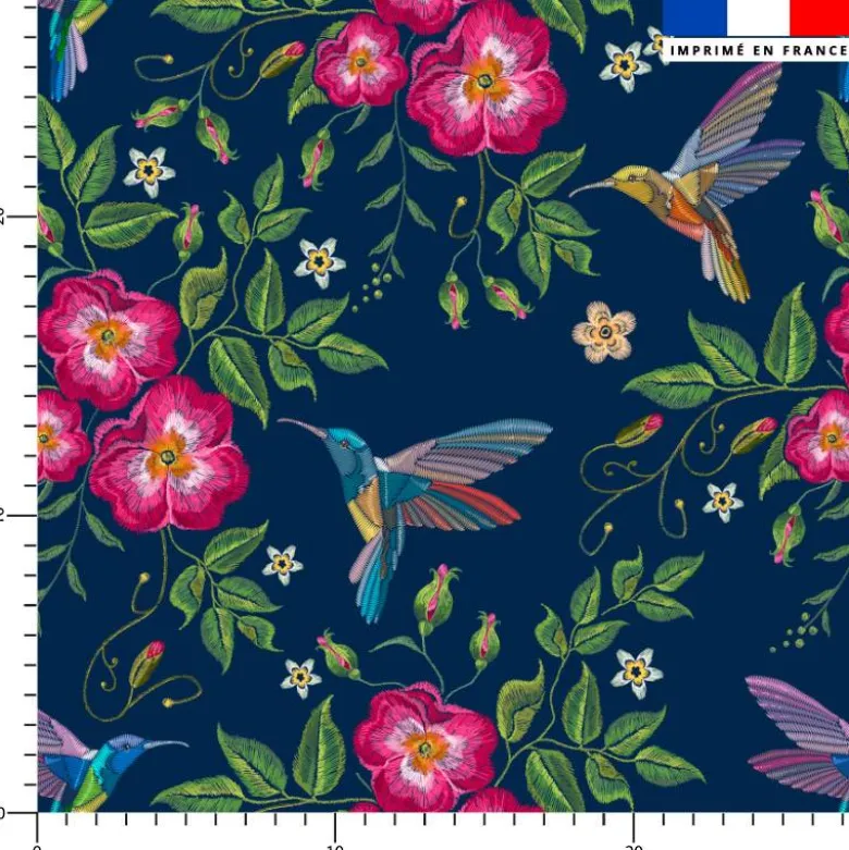 Colibri et fleur effet brodé - Fond bleu