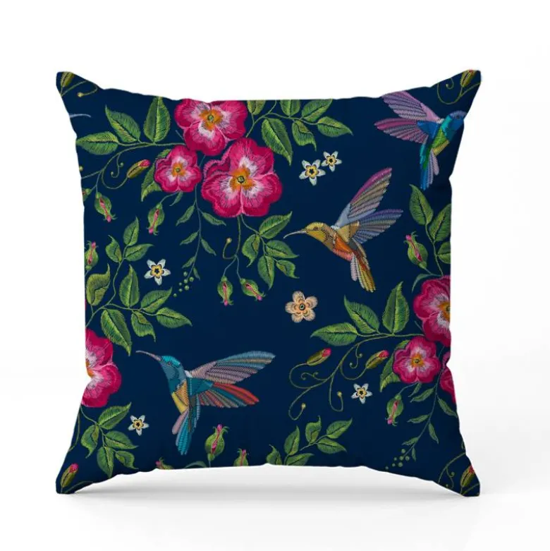 Colibri et fleur effet brodé - Fond bleu
