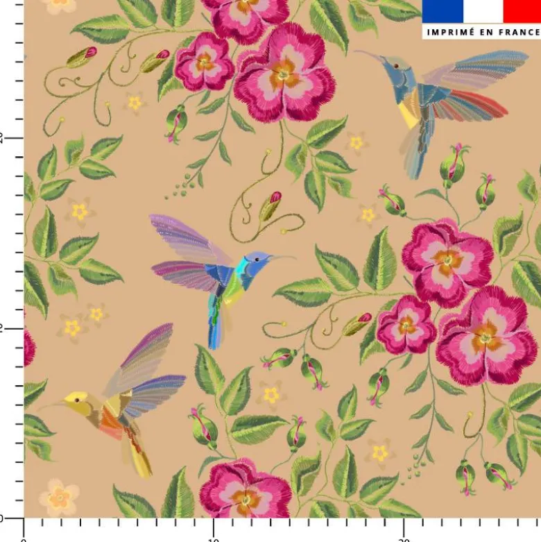 Colibri et fleur effet brodé - Fond beige