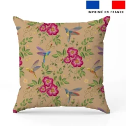 Colibri et fleur effet brodé - Fond beige