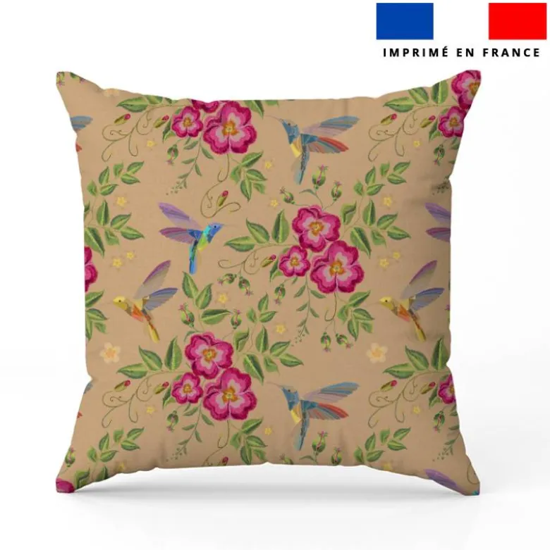 Colibri et fleur effet brodé - Fond beige