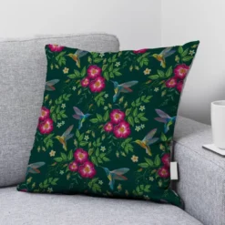Colibri et fleur effet brodé - Fond vert forêt